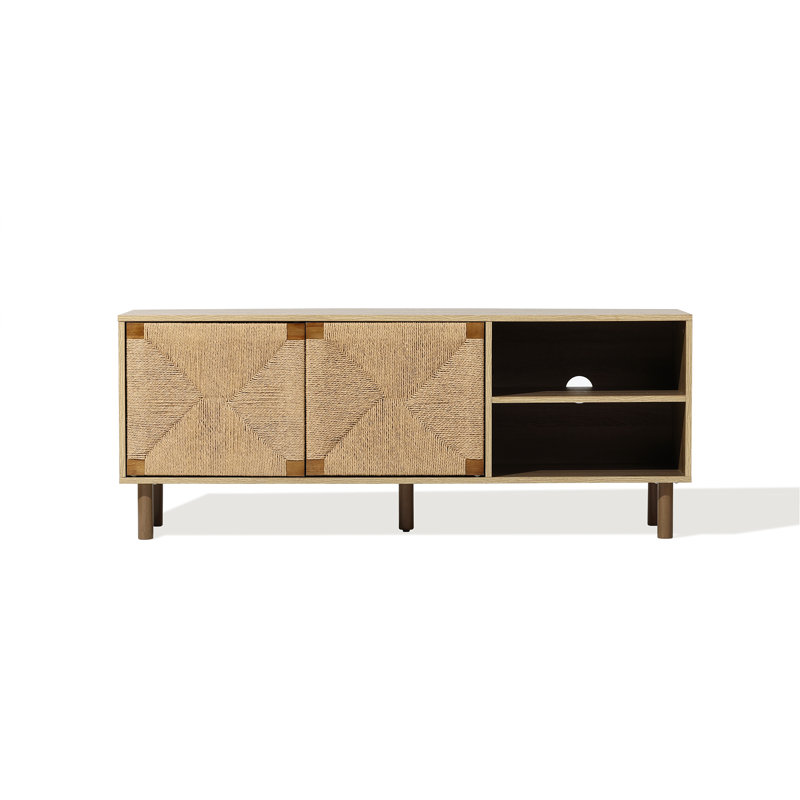 Walnut 55.1-Inch Wide TV Stand with Woven Rope Doors Mid-Century Modern