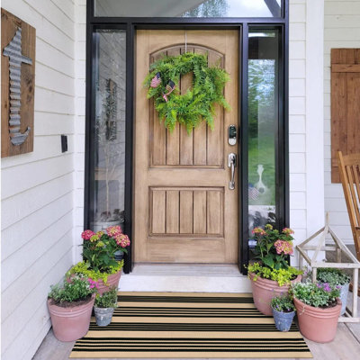 Outdoor Door Mat 27.5"X43", Black And Tan Outdoor Rugs Cotton Hand-Woven Front Door Rug Machine Washable Door Mats Striped Entry Rug For Front Porch/Farmhouse/Kitchen/Entryway/Outdoor Decor