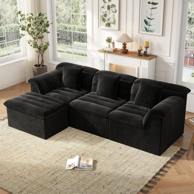 112" Cloud Modular Sectional Sofa, L-Shaped Corduroy Couches with Deep Seating, Black