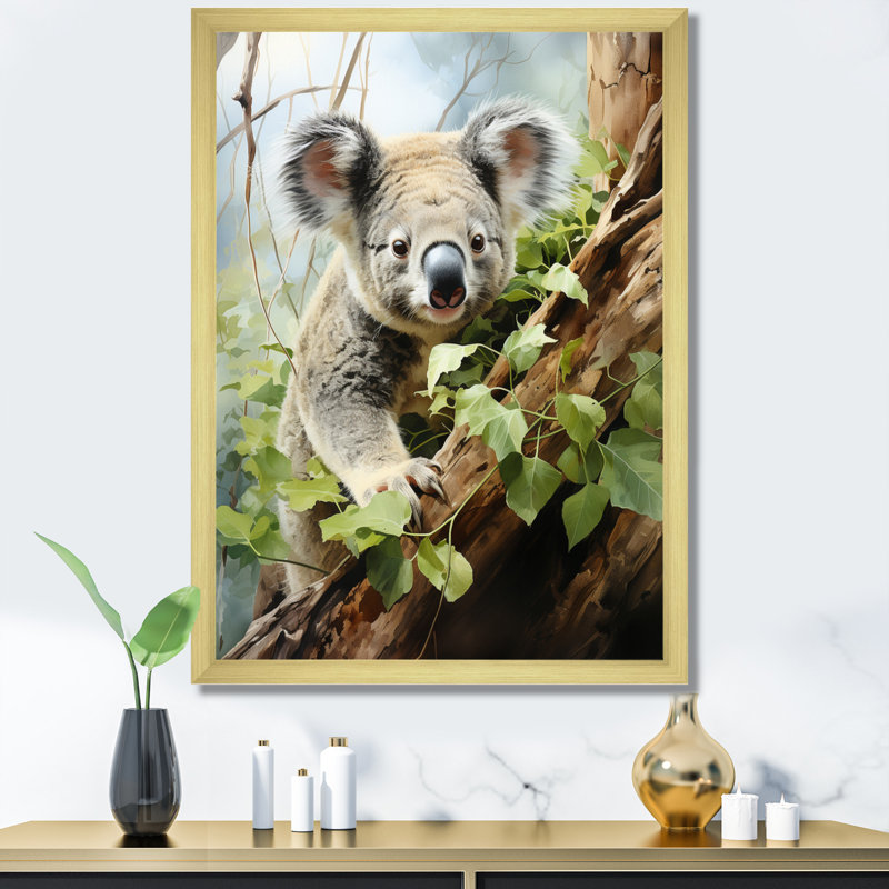 Koala - reproduction d'art sur toile, Encadrement doré, H 32 po x l 16 po x P 1 po