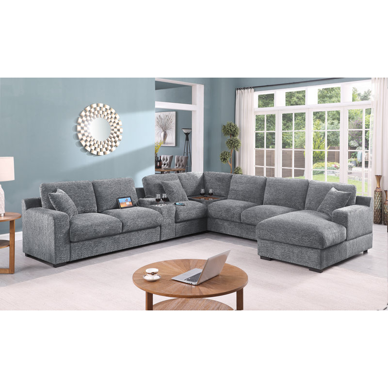 Devendra Upholstered U-Shaped Sectional Right Hand Facing, Light Gray Chenille