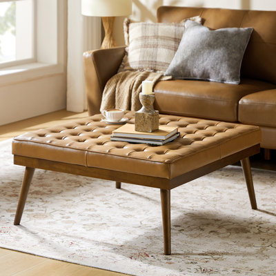Anahli 36.25" W Genuine Leather Ottoman with Solid Wood Legs