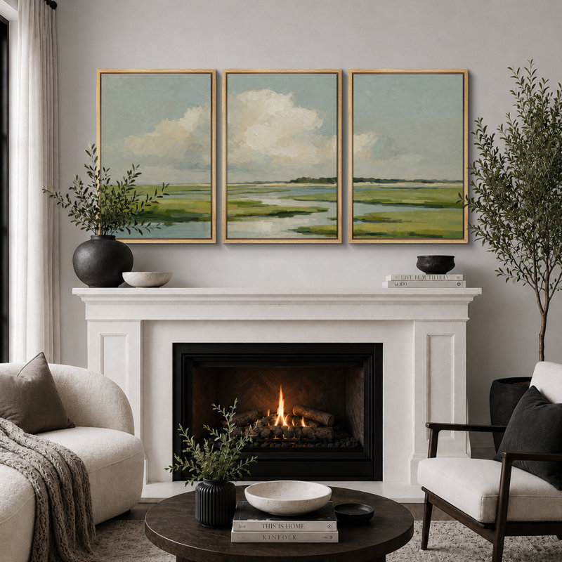 «Green Marshland Cloud», art de paysage, images de salon, estampe numérique sur toile encadrée, 3 pièces, Natural Frame