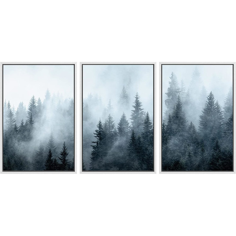 «Winter Fog Mist Pine Tree Mountain Forest Nature Wilderness», reproduction sur toile 3 pièces, H 24 po x l 16 po x P 1,5 po