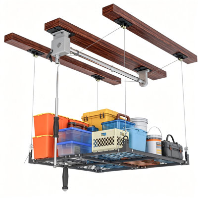 Overhead Garage Storage Rack,4x4FT Garage Ceiling Storage Racks,Lift Storage Rack with Secure Lock,Holds 400 Lbs for Easy Up Down,Professional Organization System (Standard Edition)