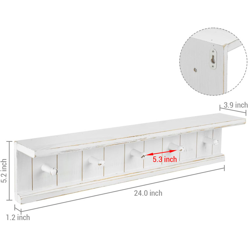 Tablette flottante vintage en bois blanc avec 5 crochets - Porte-serviettes mural et tablette de rangement