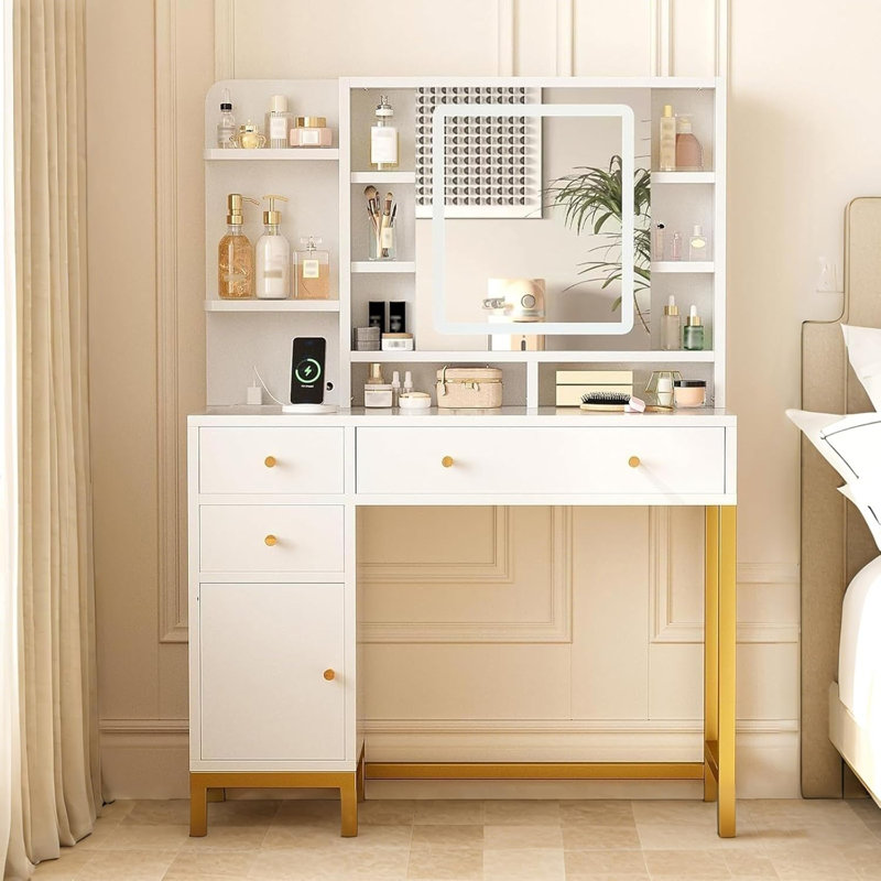 Vanity Desk With Openable Mirror, Dressing Table With Charging Power Outlet, 3 Adjustable Lighting Modes, 8 Shelves & 4 Drawers