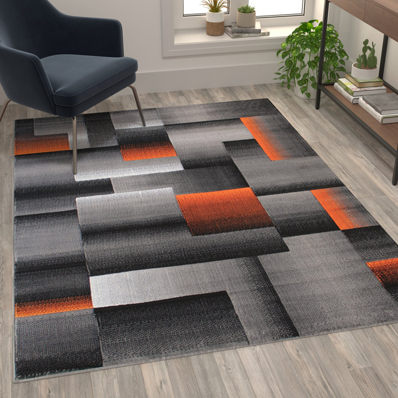 Abbie-May Orange and Gray Modern Geometric Style Color Blocked Indoor Area Rug, Rectangle 5' x 7'