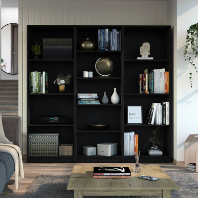 Salon noir avec 3 bibliothèques, espaces de rangement spacieux, bois manufacturé, bibliothèques élégantes et contemporaines