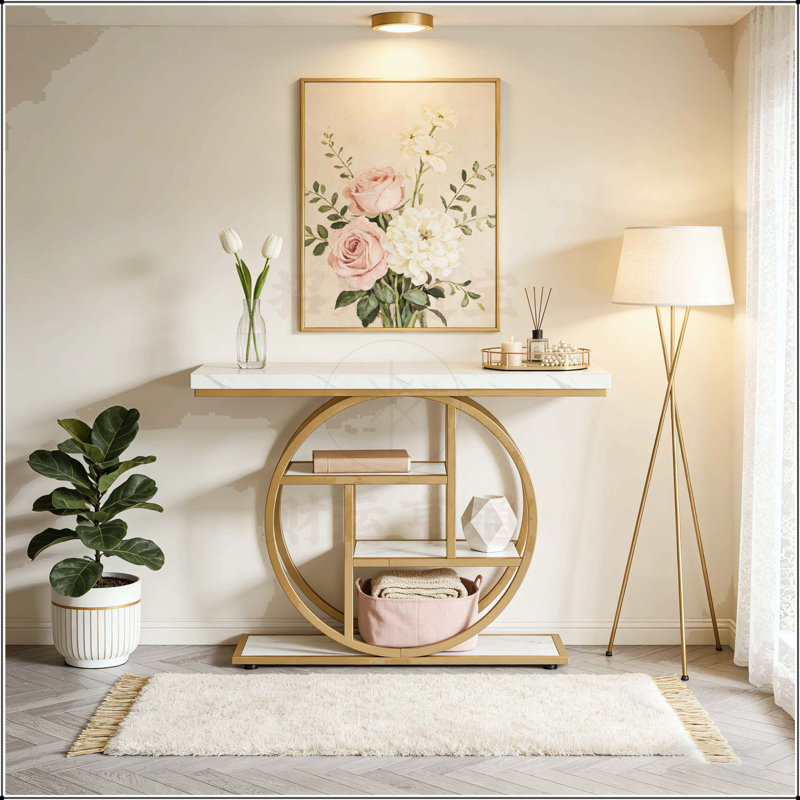 41.3 Inch Console Table with Circular Base, Narrow Wood Accent Table for Entryway, Hallway, and Living Room, White