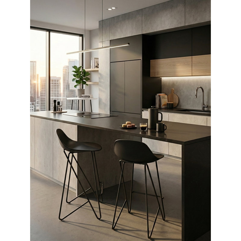     Pangea Home Lucillie Black Modern Monochrome Molded Plastic Bar Stools- 30" Seat Height - Hairpin Metal Legs and Footrest