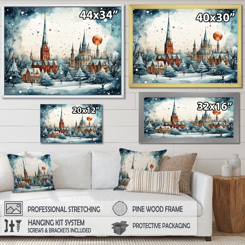 «Christmas Village In Winter II - Winter Landscape», art mural, Cadre d'angle fermé noir, H 12 po x l 20 po x P 1 po