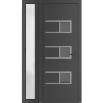 Porte d'entrée extérieure prémontée en PVC-U métal-plastique Manux 8933, gris anthracite, avec imposte latérale, pour bureaux, commerces et habitations. Dimensions : 42 x 80 pouces (L 30 + 12 x H 80 pouces). Ouverture à gauche vers l'intérieur.