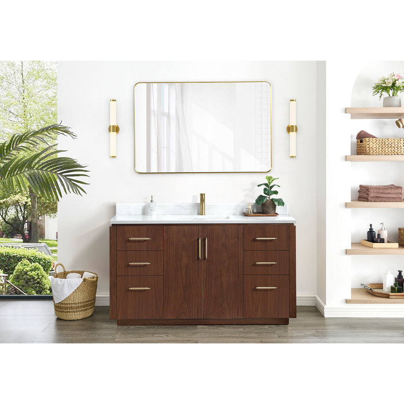 Meuble-lavabo simple 60 po Cloverfield, Noyer naturel, Or