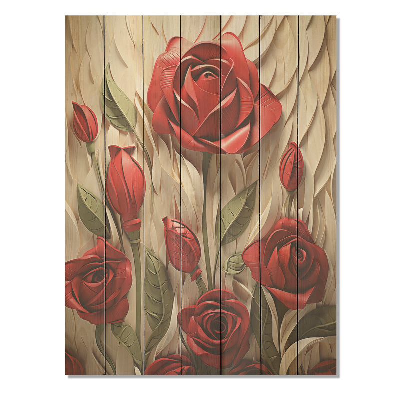 Beauté blanche et rose rouge - Roses sur bois, H 40 po x l 30 po