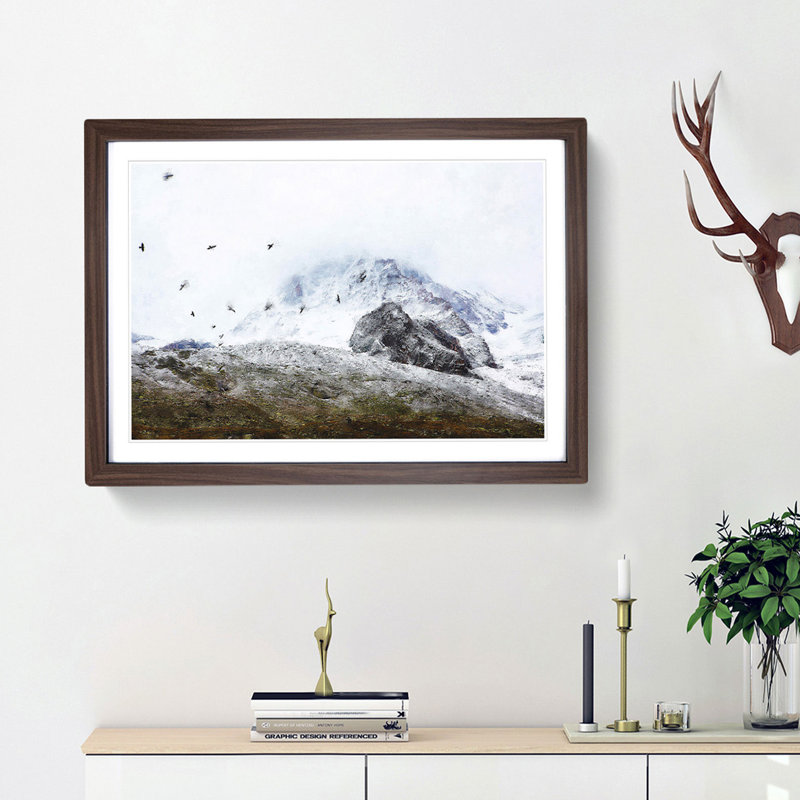 The Swiss Alps with a Flock of Birds - Picture Frame Painting Print, 62cm H x 87cm W x 2cm D, Walnut Framed