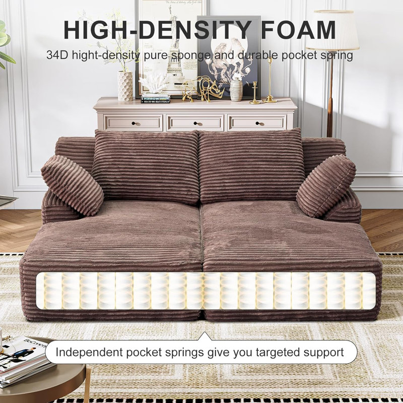 Boneless Modern Corduroy Chaise Lounge Chair, High-density Foam With Pocket Springs, Contemporary Style, For Living Room