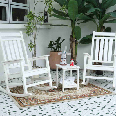 All Weather Rocking Chair Set with Side Table, 3-Piece Rocking Chair Set with Wood-Texture , (includes 2 Rocking Chairs and 1 Table)