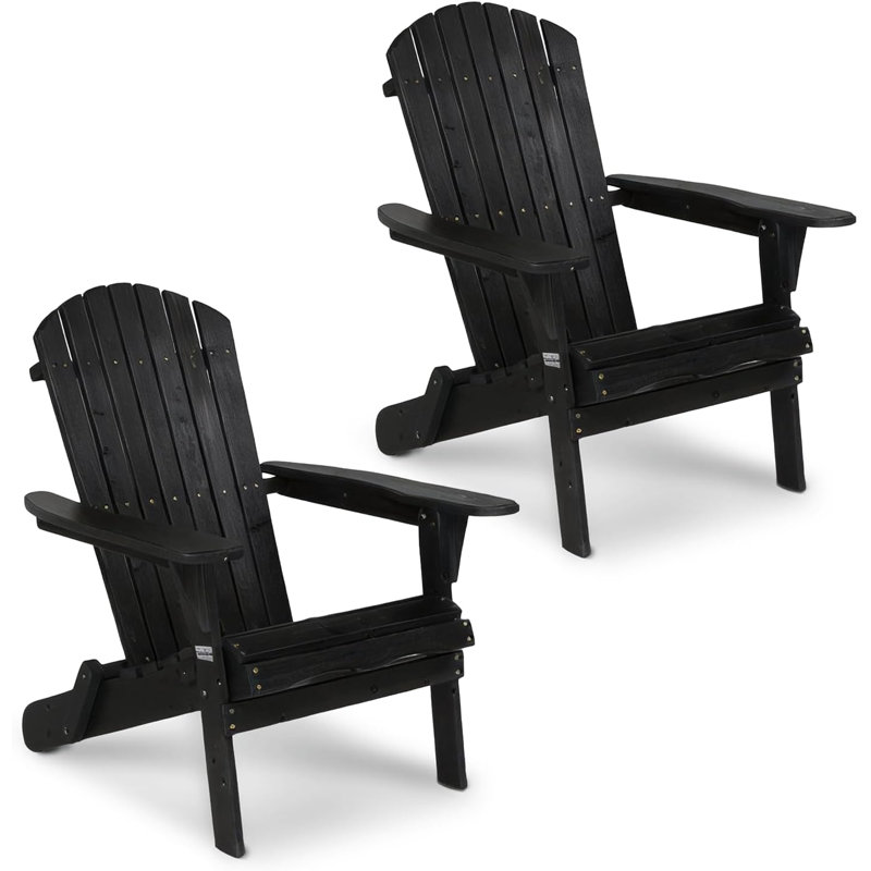 Patio Solid Wood Folding Adirondack Chair(Set Of 2), Black