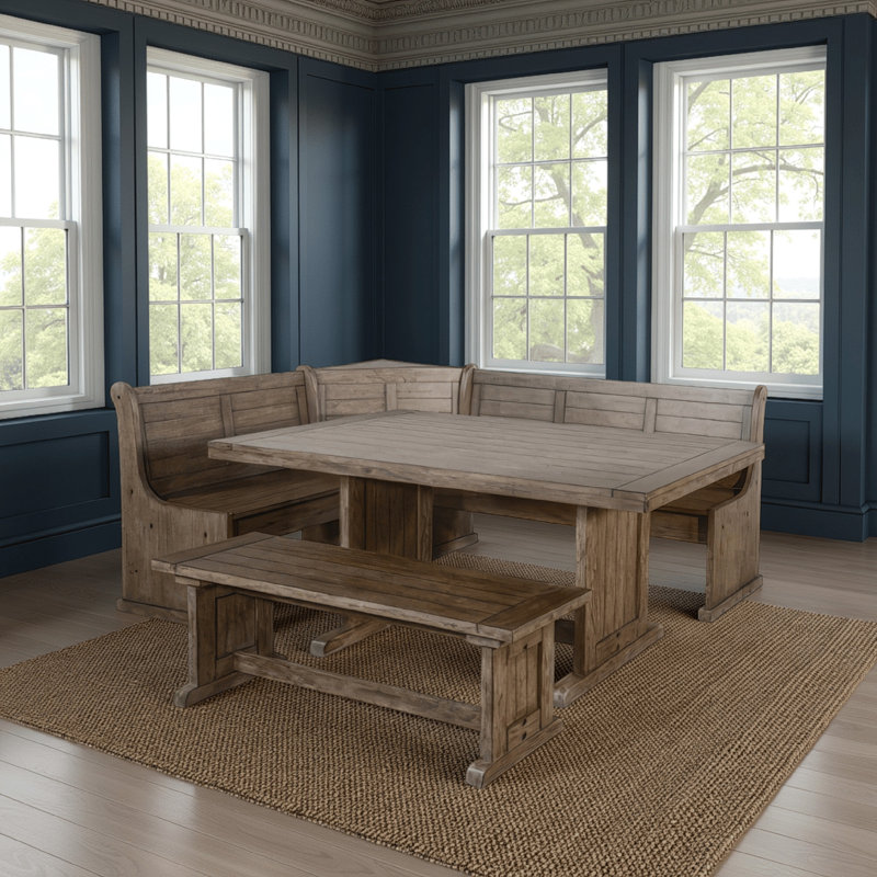 Yael 4Pc Corner Breakfast Nook Set, Brown Dining Table Corner Bench