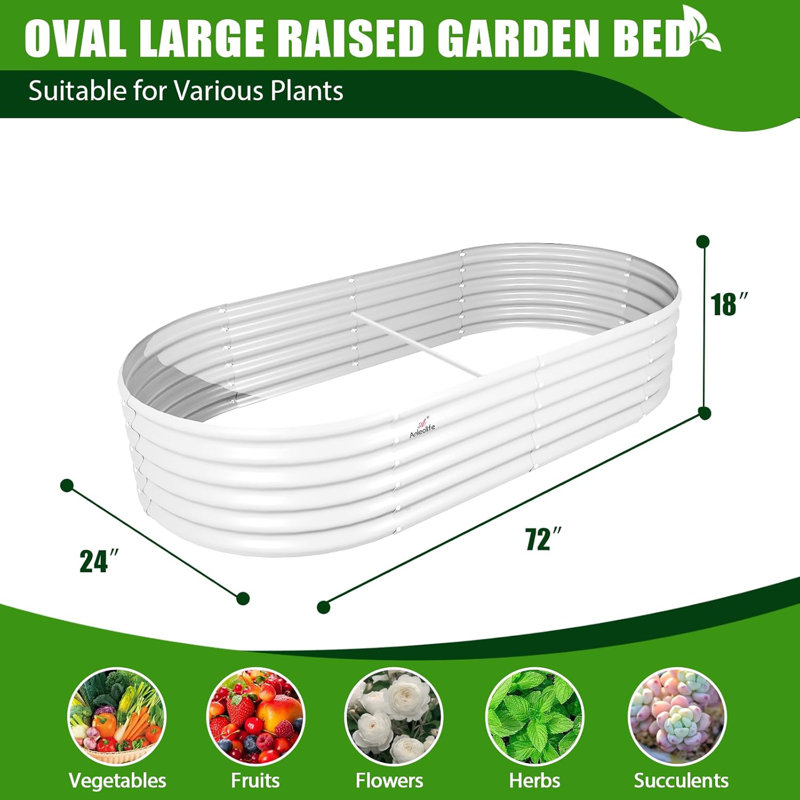White Metal Oval Raised Garden Bed Planter Box For Planting Vegetables Flowers Herb (72 In. L X 24 In. W X 18 In. H)