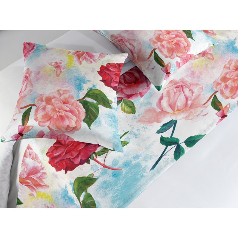 Ensemble de chemin de lit Ambesonne Rose, aquarelle, art floral romantique, rose pastel et vert, Très grand lit