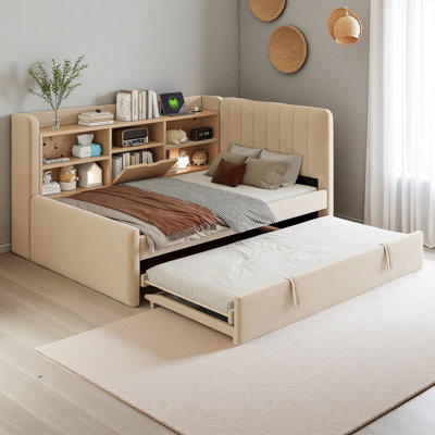 Twin Size Upholstered Daybed With Trundle, Storage Shelves, USB & Outlet by Latitude Run