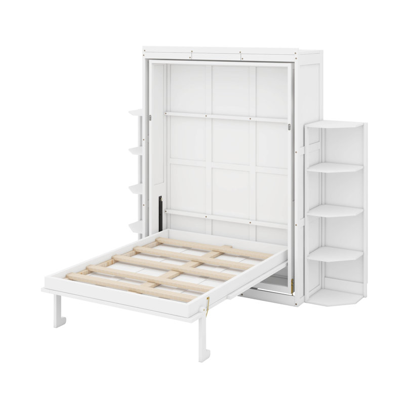 Lit escamotable rotatif avec bureau et deux tablettes latérales à 3 niveaux, lit mural vertical en bois avec bureau convertible, supports de rangement supplémentaires