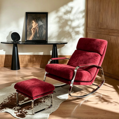 Fauteuil à bascule moderne en tissu avec repose-pieds, mousse haute résilience, structure en acier inoxydable