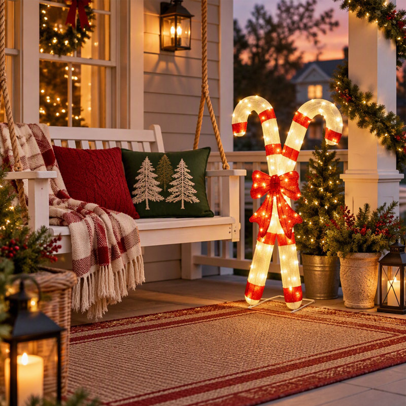 Décoration de Noël pré-éclairée en forme de canne de bonbon et d'arc rouge avec lumières DEL blanc chaud