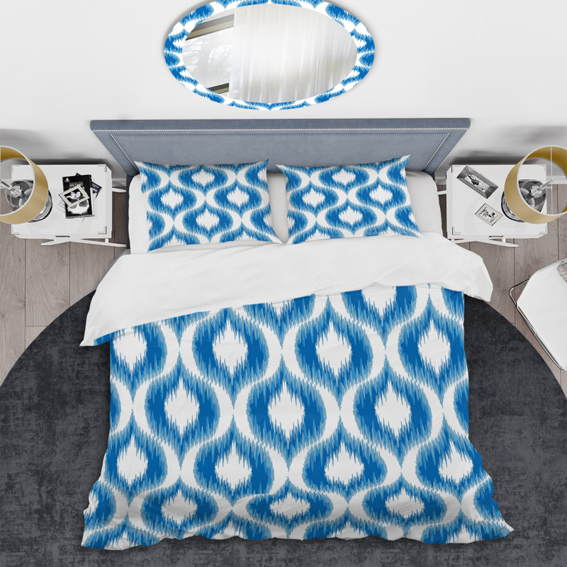 Blue Ikat Ogee - Abstract Duvet Cover Set - Microfiber Polyester, Queen Duvet Cover + 2 Standard Shams
