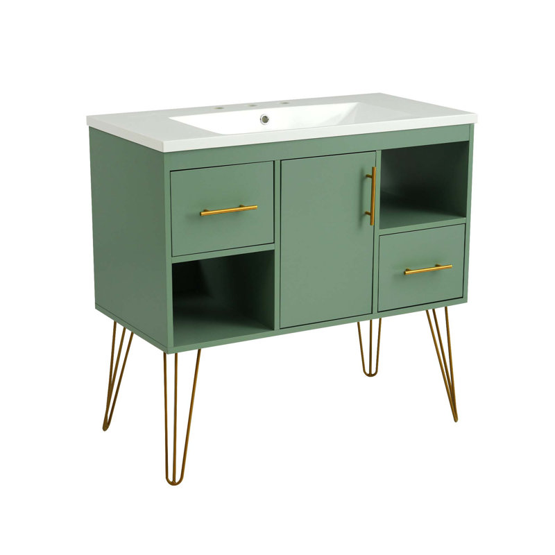 Ensemble de meuble-lavabo 36 po avec lavabo en résine, armoire de salle de bain simple autoportante moderne avec 2 tiroirs et 2 compartiments de rangement, meuble de rangement pour salle de bain, ensemble de meuble-lavabo avec cadre en bois massif