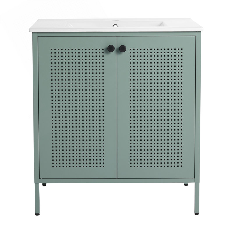 Meuble-lavabo autoportant de 30 pouces avec lavabo en céramique, structure en acier durable et grand espace de rangement pour les salles de bain modernes