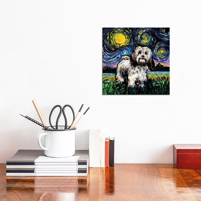 «Lhasa Apso Night» par Aja Treves - peinture sur toile tendue, H 12 po x l 12 po x P 0,75 po