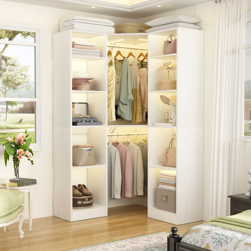 39" × 39" Large Corner Closet System With 12 Shelves & 2 Hanging Rods, White