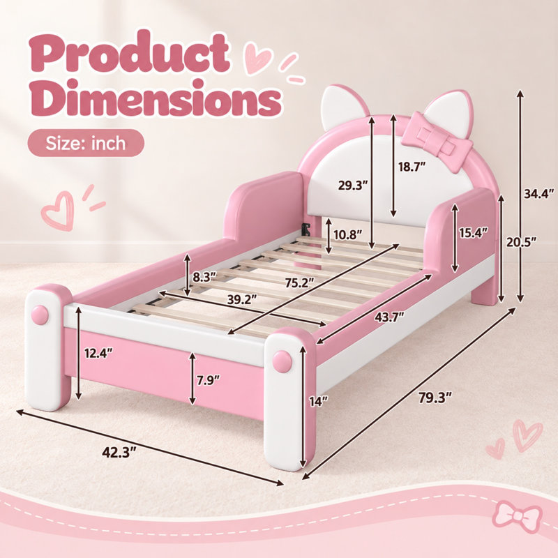 Lit plateforme rembourré en forme de chat mignon Dandre pour enfants, avec barrières de sécurité latérales, lit princesse bas avec tête de lit à nœud.