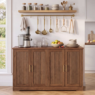 55.5" Wide Fluted 4-Door Wood Sideboard, Large Storage Cabinet with Adjustable Shelves, 350 lbs Capacity, for Living Room Kitchen & Entryway, Walnut Finish