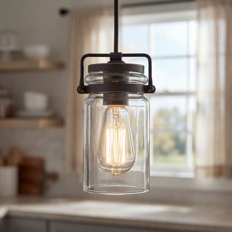 Suspension Sue Olde Bronze à une lumière avec abat-jour en verre transparent de type pot Mason, Bronze vieilli