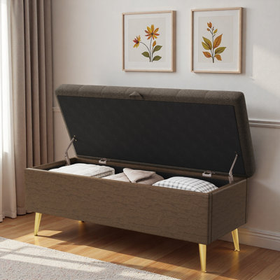 Modern Ottoman Bench With Ample Storage Space, Tufted Cushion And Metal Legs