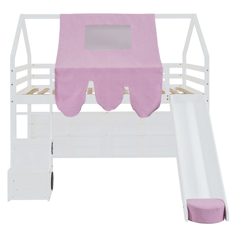 Lit mezzanine avec glissoire, bibliothèque de rangement et escalier, Blanc, Plein