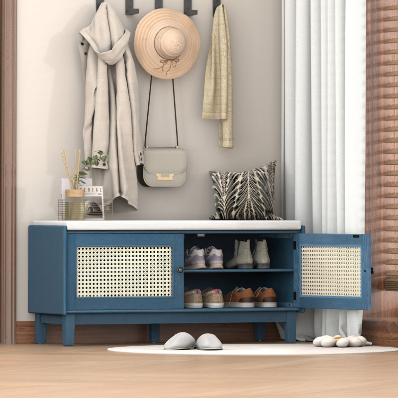 Banc de hall d'entrée en rotin avec rangement Trexm Boho, Bleu marine antique