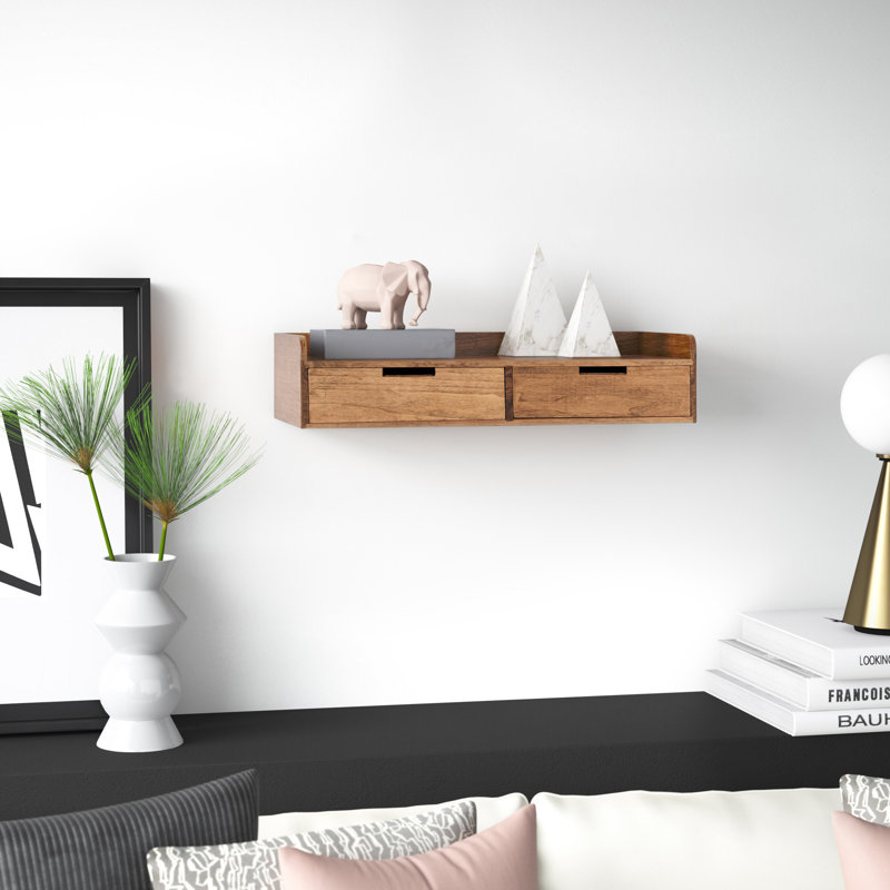 Casiano Solid Wood Floating Shelf with Drawer, Rustic Brown