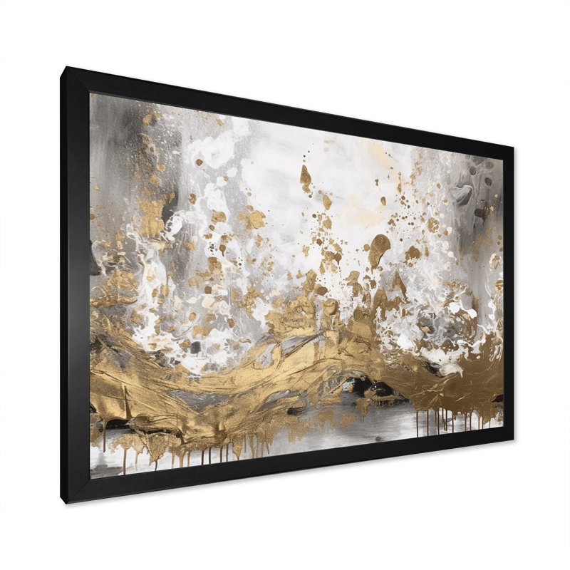 Art moderne abstrait blanc et or - art mural abstrait, Cadre photo noir, H 24 po x l 32 po x P 1 po