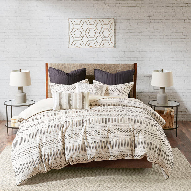 King/Cal King Size Cotton Jacquard Comforter Set, Ivory & Charcoal Soft Bedding Set, Ivory Striped