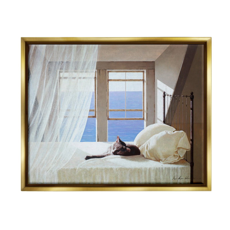 Chat reposant sur un lit de bord de mer blanc, art nautique sur toile par Zhen-Huan Lu, H 25 po x l 31 po