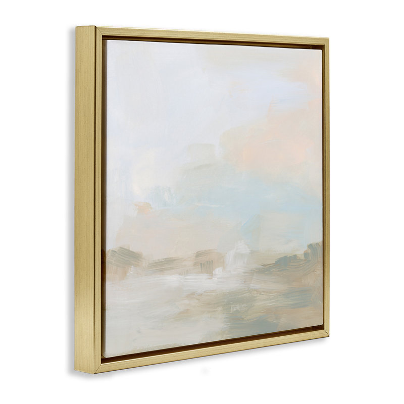 Abstrait paysage neutre moderne, Cadre flottant métallique doré, H 25 po x l 25 po