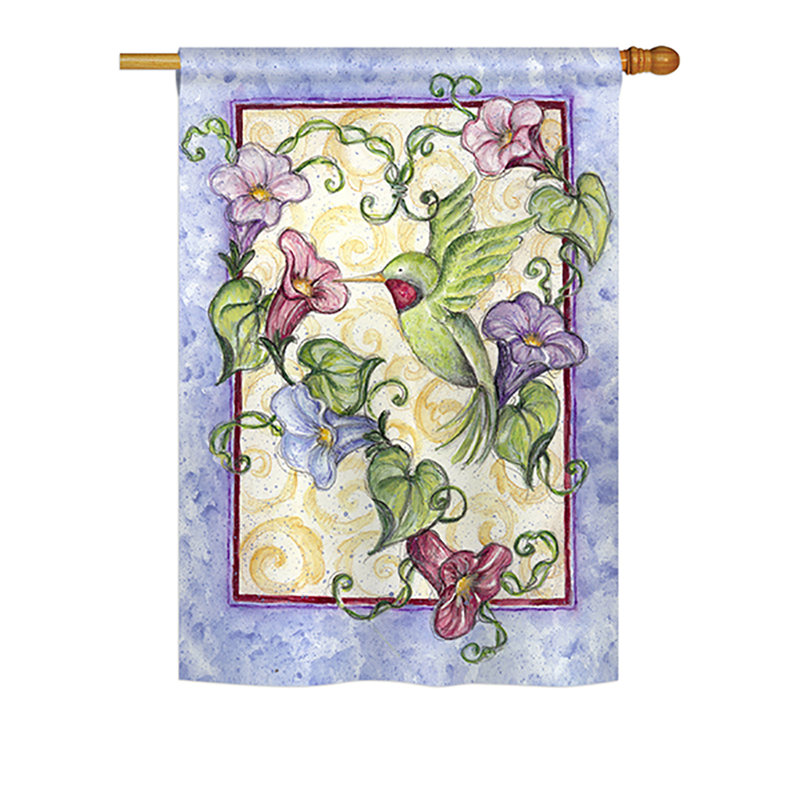 Drapeau de maison à 2 côtés en polyester pour les fleurs hummingbird avec trompette, H 40 po x l 28 po