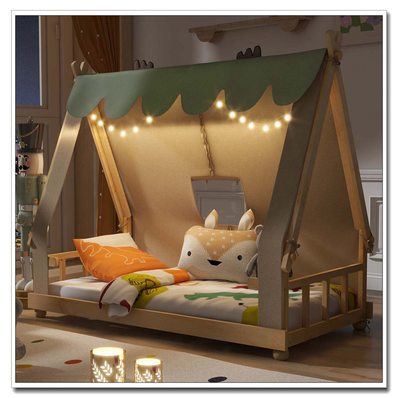 Lit maison avec tente et lumière, Naturel, Simple
