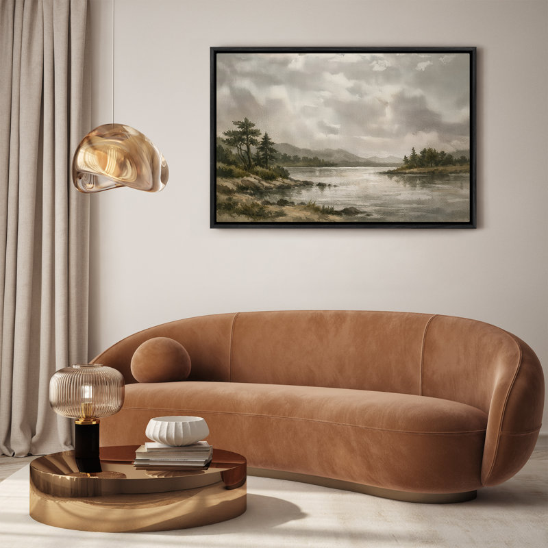 «Serene Lakeside Landscape with Distant Mountains and Soft Clouds», reproduction d'art encadrée, H 16 po x l 24 po, Noir