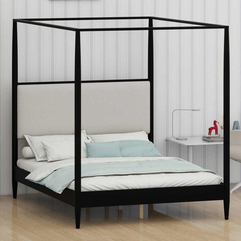 Cadre de lit à baldaquin avec tête de lit moelleuse et design à quatre colonnes fuselées pour un style moderne du milieu du siècle